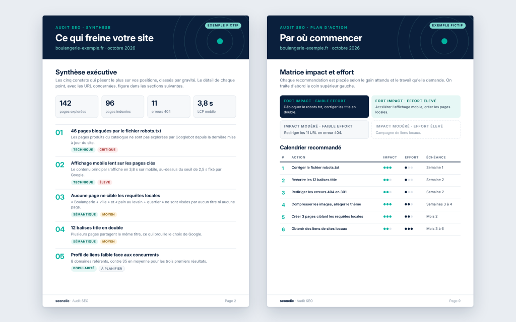 Maquette d'un rapport d'audit SEO : page de synthèse avec cinq constats numérotés et page de plan d'action avec une matrice impact et effort et un calendrier des corrections