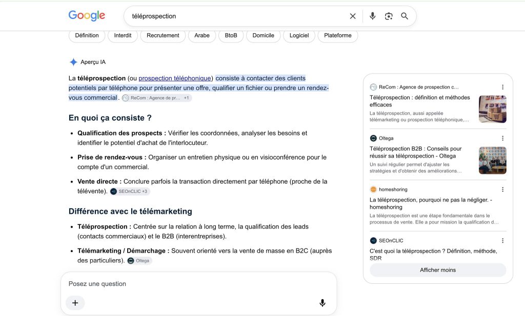 Aperçu IA de Google sur la requête téléprospection citant SEOnCLIC parmi les sources